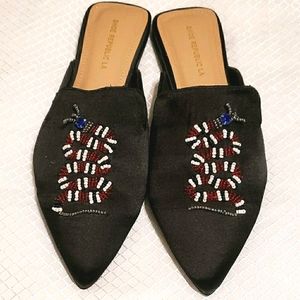 Shoe Republic LA Mules with Beaded Snake Design